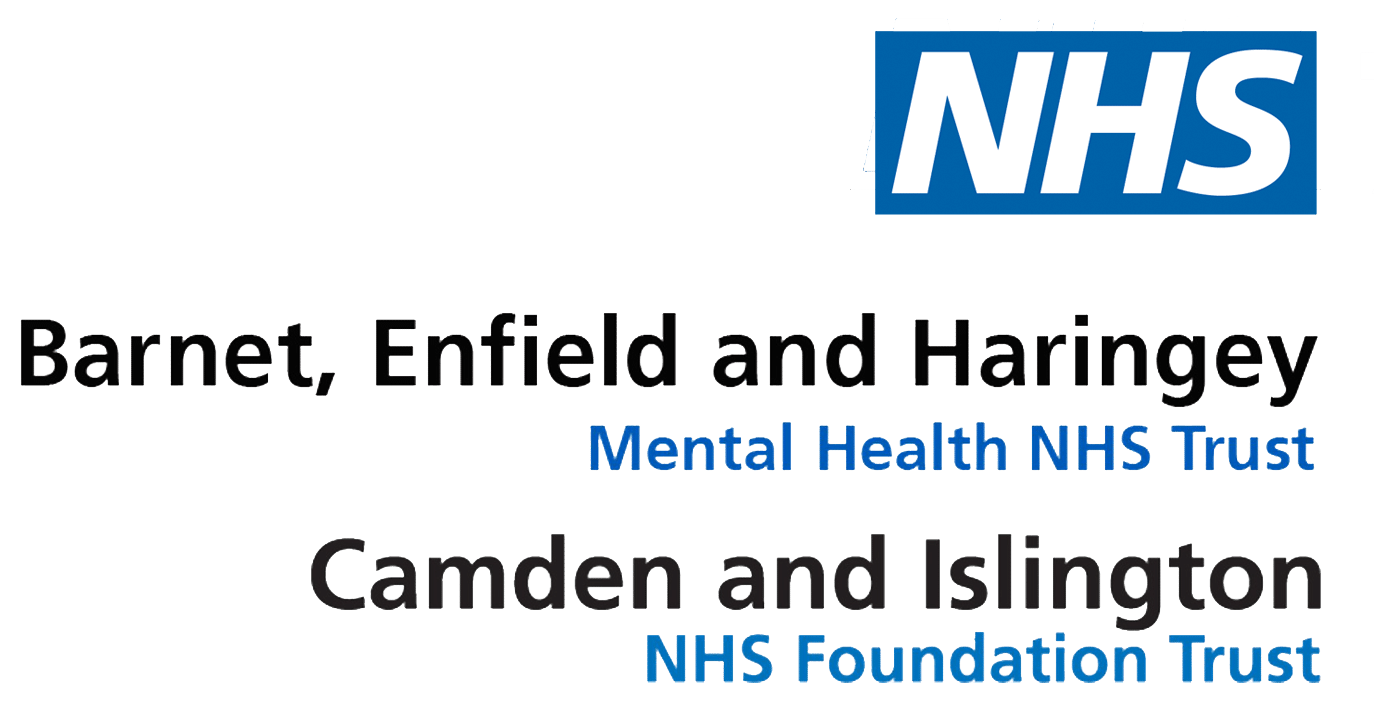 NHS logo above text "Barnet, Enfield and Haringey Mental Health NHS Trust" and "Camden and Islington NHS Foundation Trust" in blue and black fonts on white background.